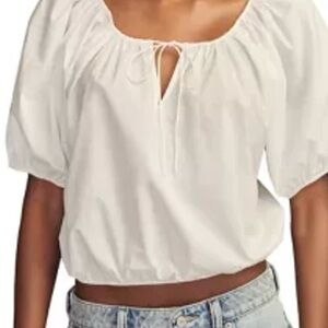 Women's Solid Puff Sleeve Tie Neck Top